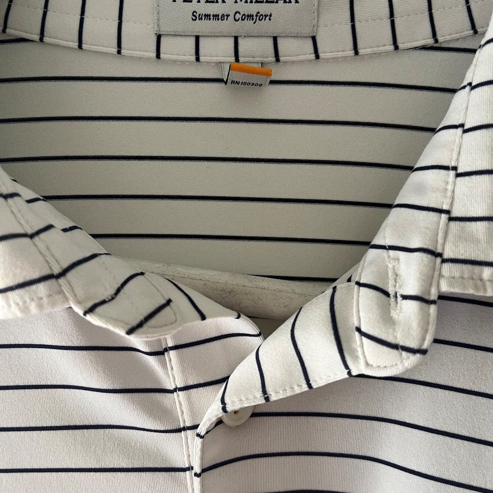 Peter Millar Summer Comfort Polo Golf Short Sleeve Shirt White Blue Stripe Large